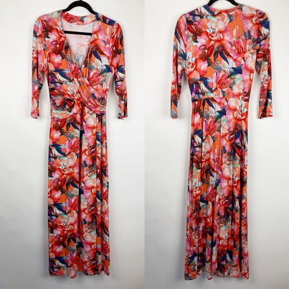 Soft Surroundings Always Lovely Colorful Floral Wrap Dress Maxi Knit Women M - Picture 1 of 7
